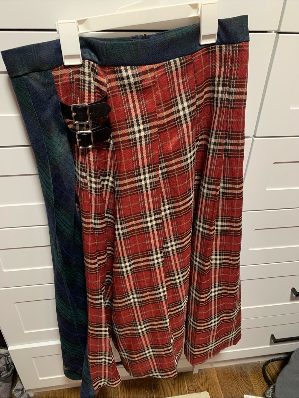 Plaid Wrap Midi Skirt with Buckle Detail - Red & Navy